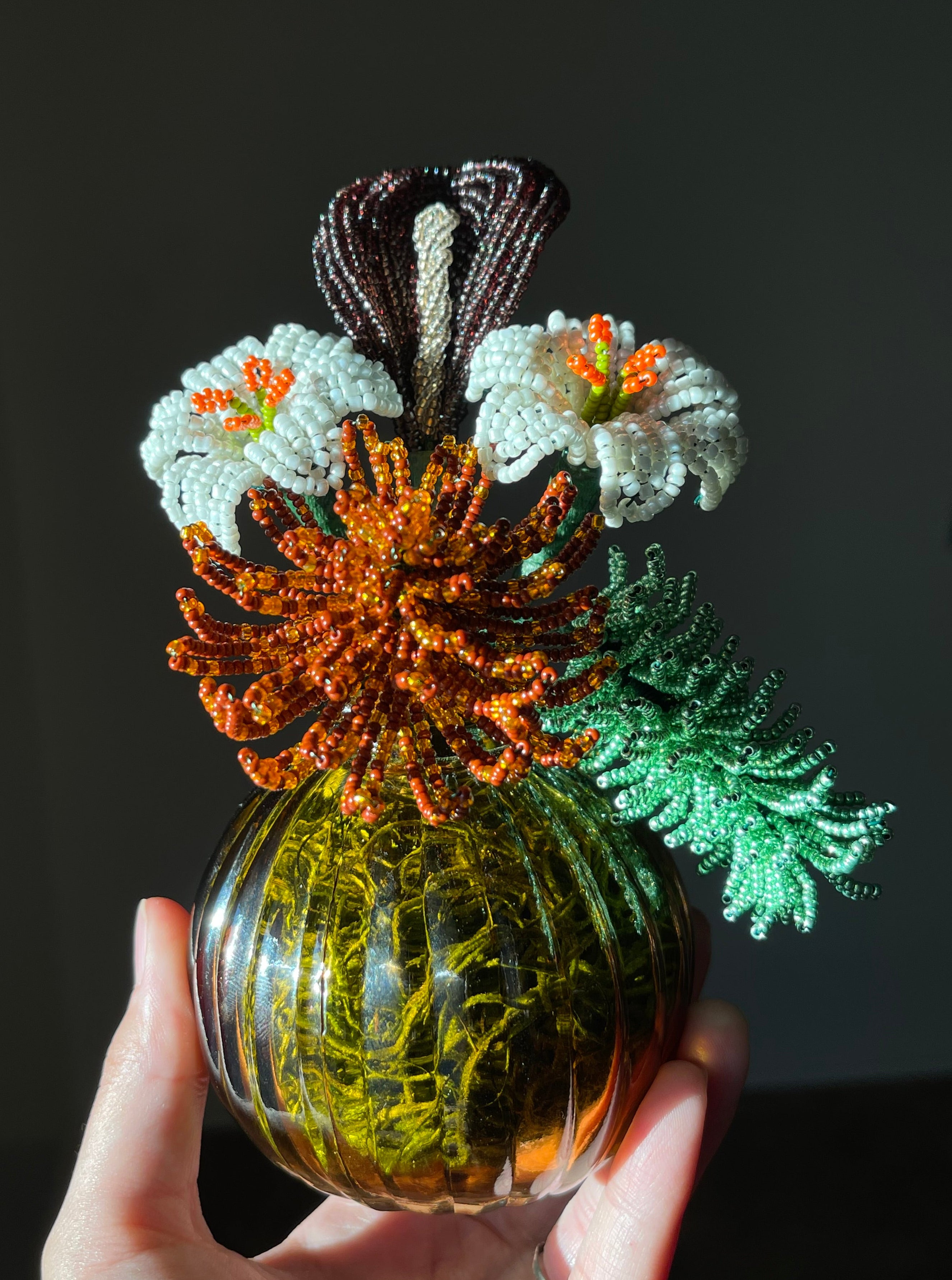 Beaded Bouquet - Purple Calla Lily, White Lilies, Orange/Brown Spider Chrysanthemum, Green Amaranthus