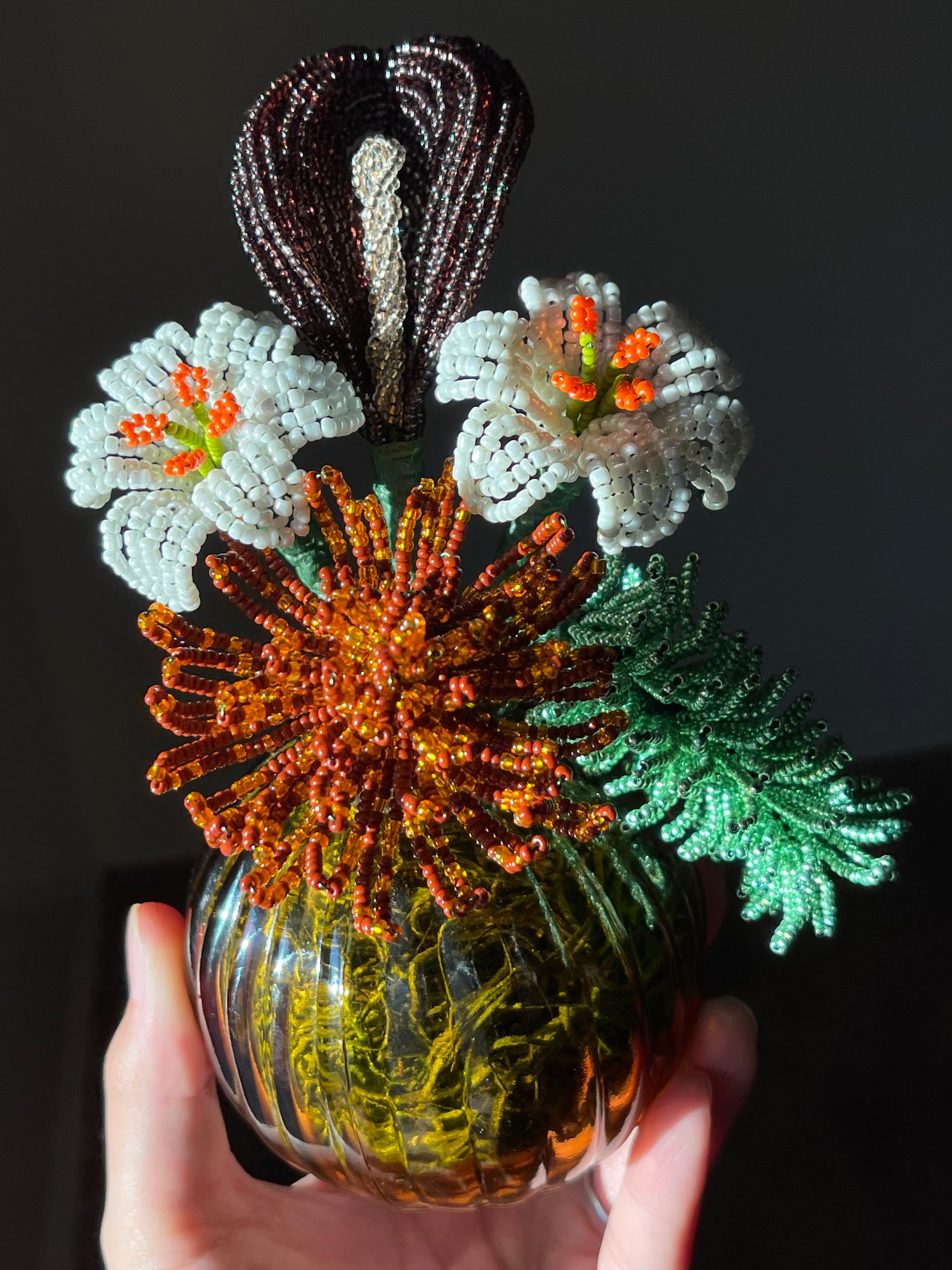 Beaded Bouquet - Purple Calla Lily, White Lilies, Orange/Brown Spider Chrysanthemum, Green Amaranthus