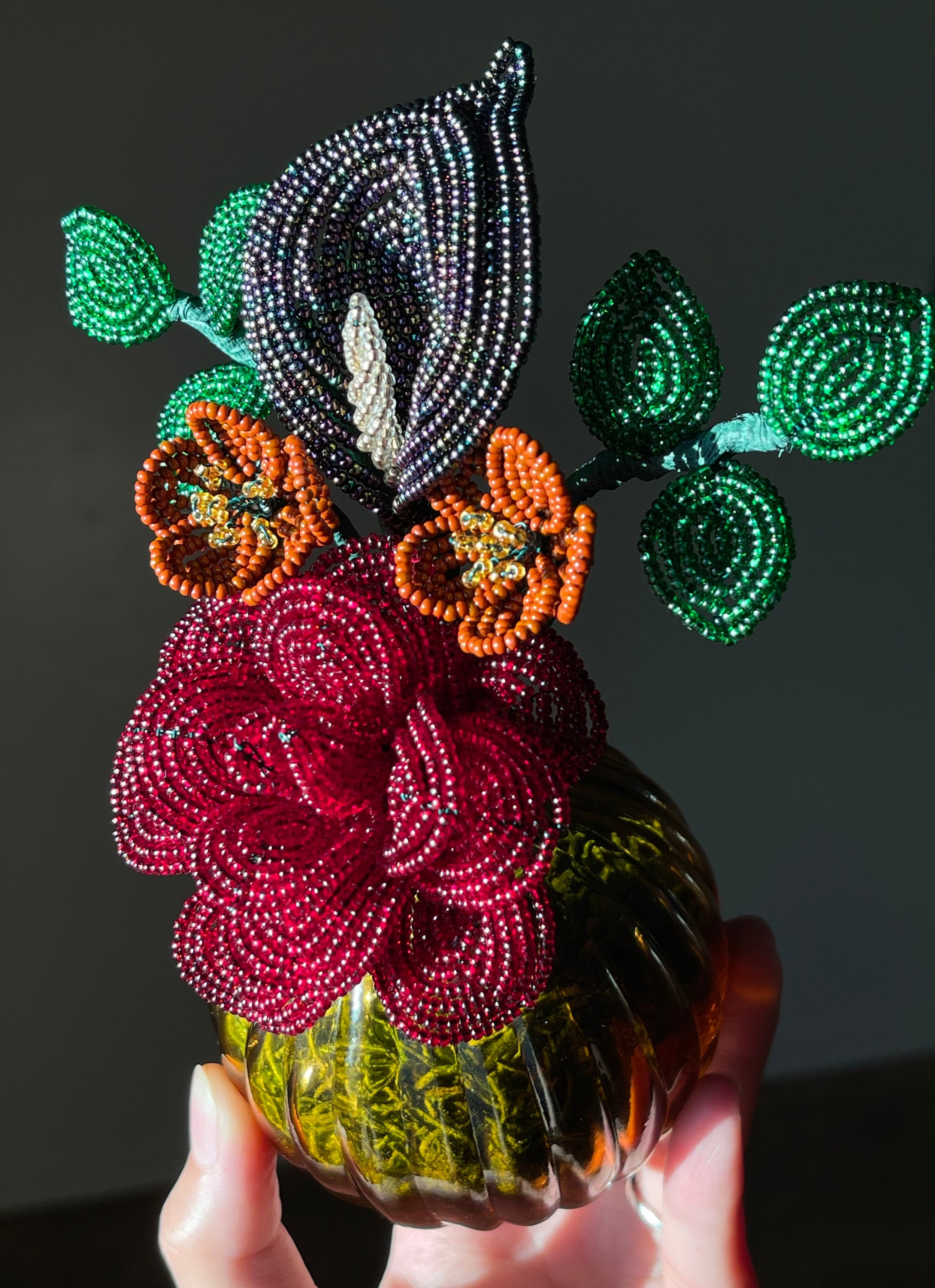 Beaded Bouquet - Red Rose, Purple Calla Lily, Brown Wildflowers, Greenery