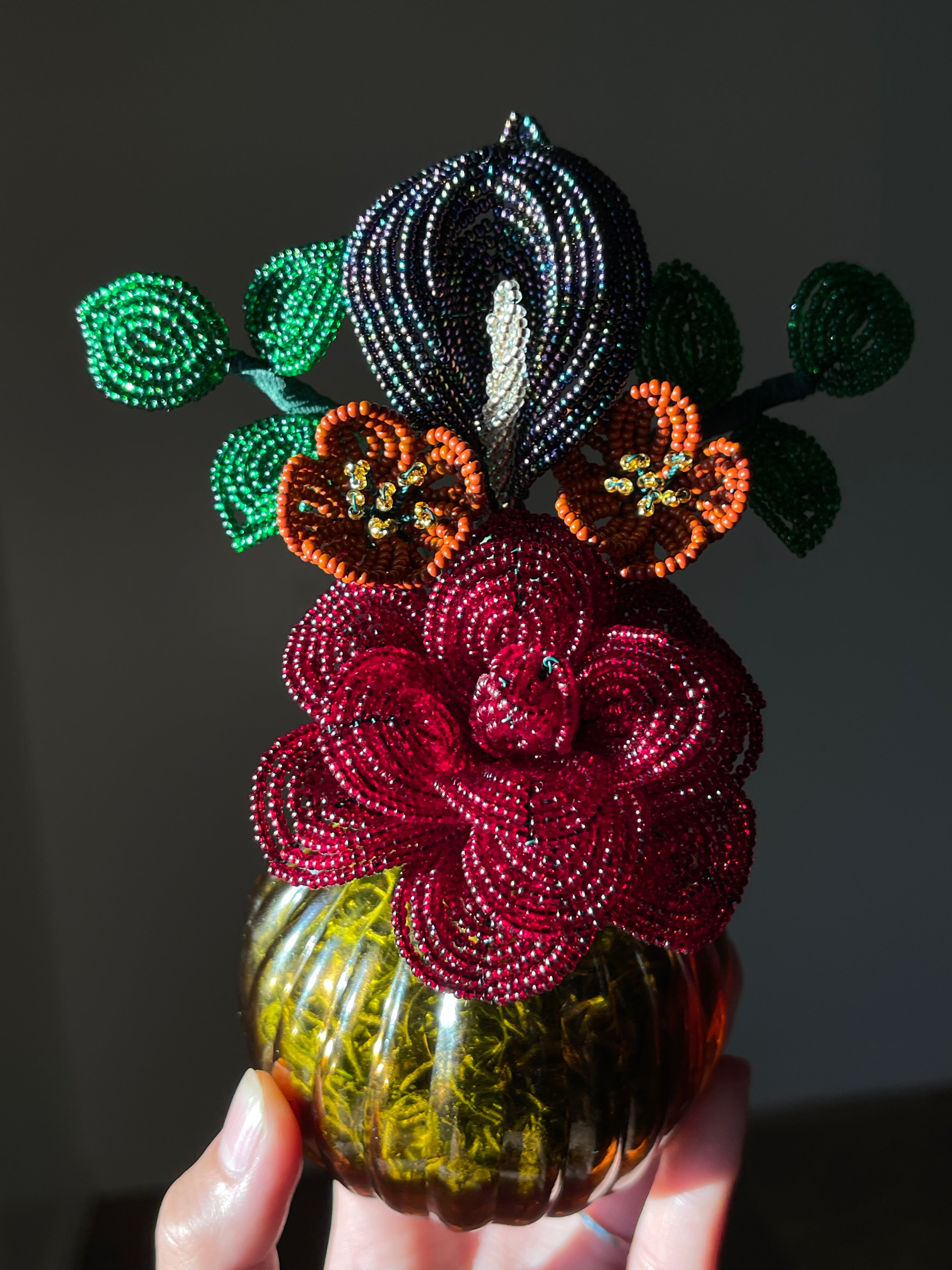 Beaded Bouquet - Red Rose, Purple Calla Lily, Brown Wildflowers, Greenery