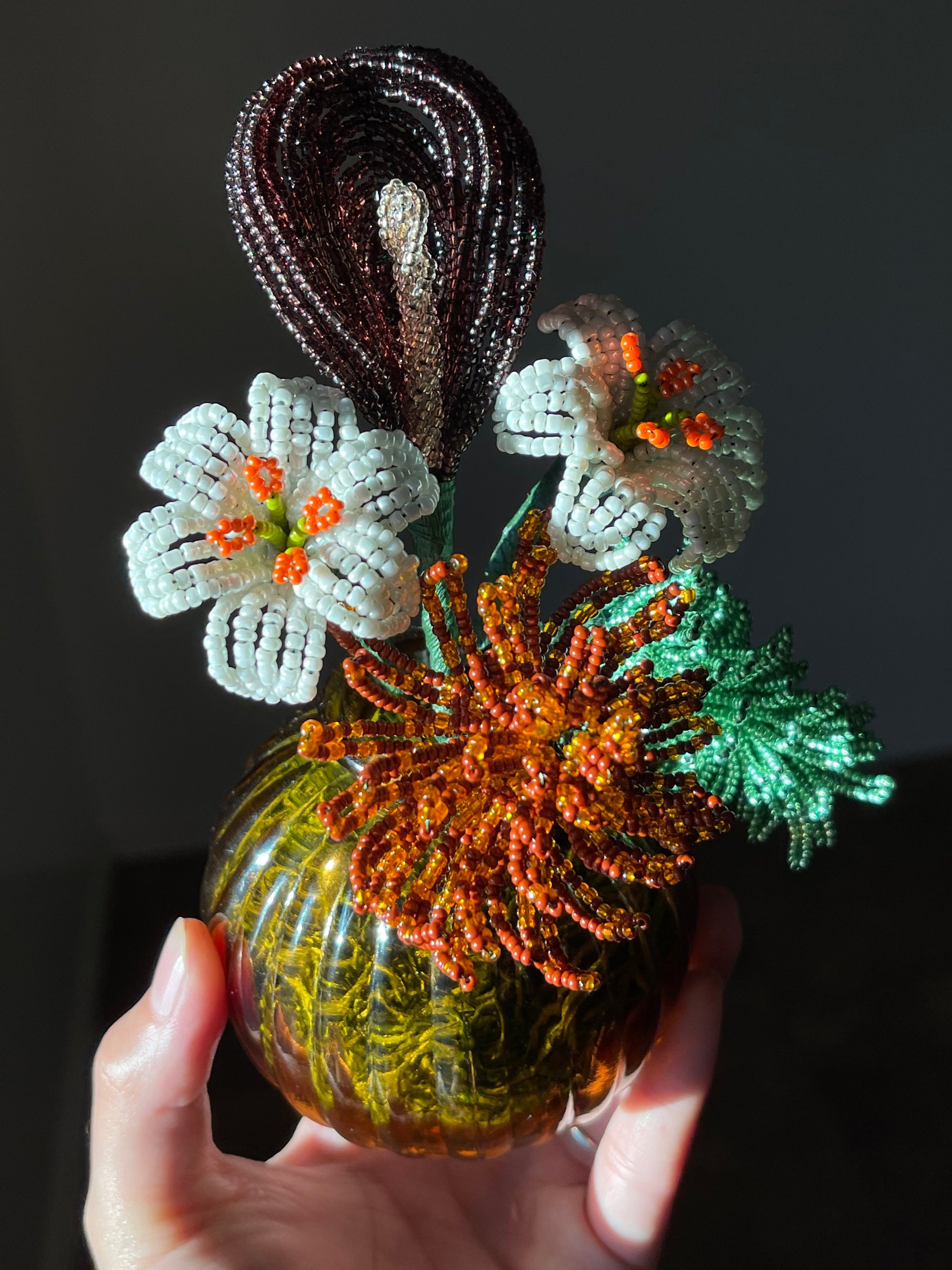 Beaded Bouquet - Purple Calla Lily, White Lilies, Orange/Brown Spider Chrysanthemum, Green Amaranthus