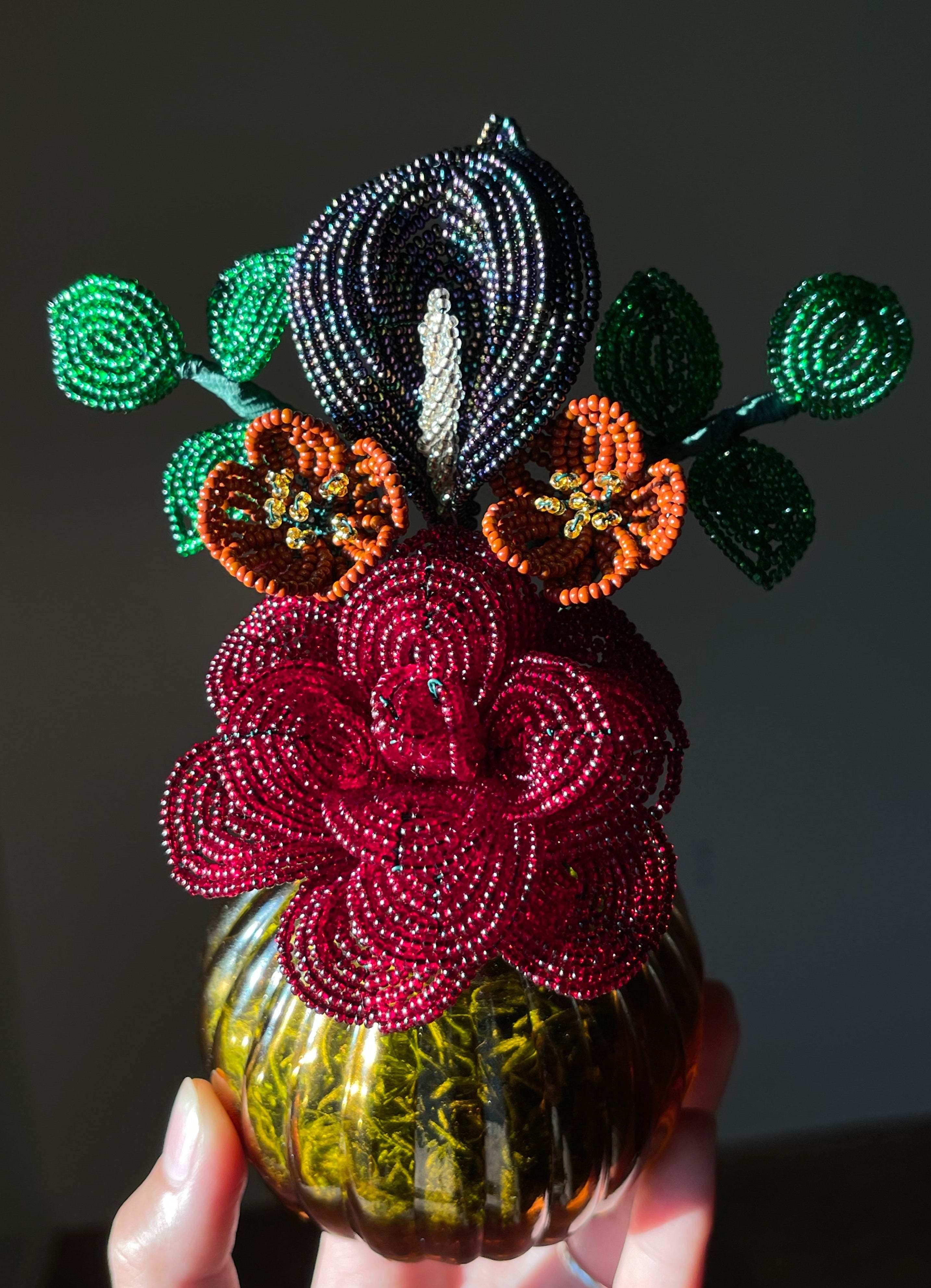 Beaded Bouquet - Red Rose, Purple Calla Lily, Brown Wildflowers, Greenery