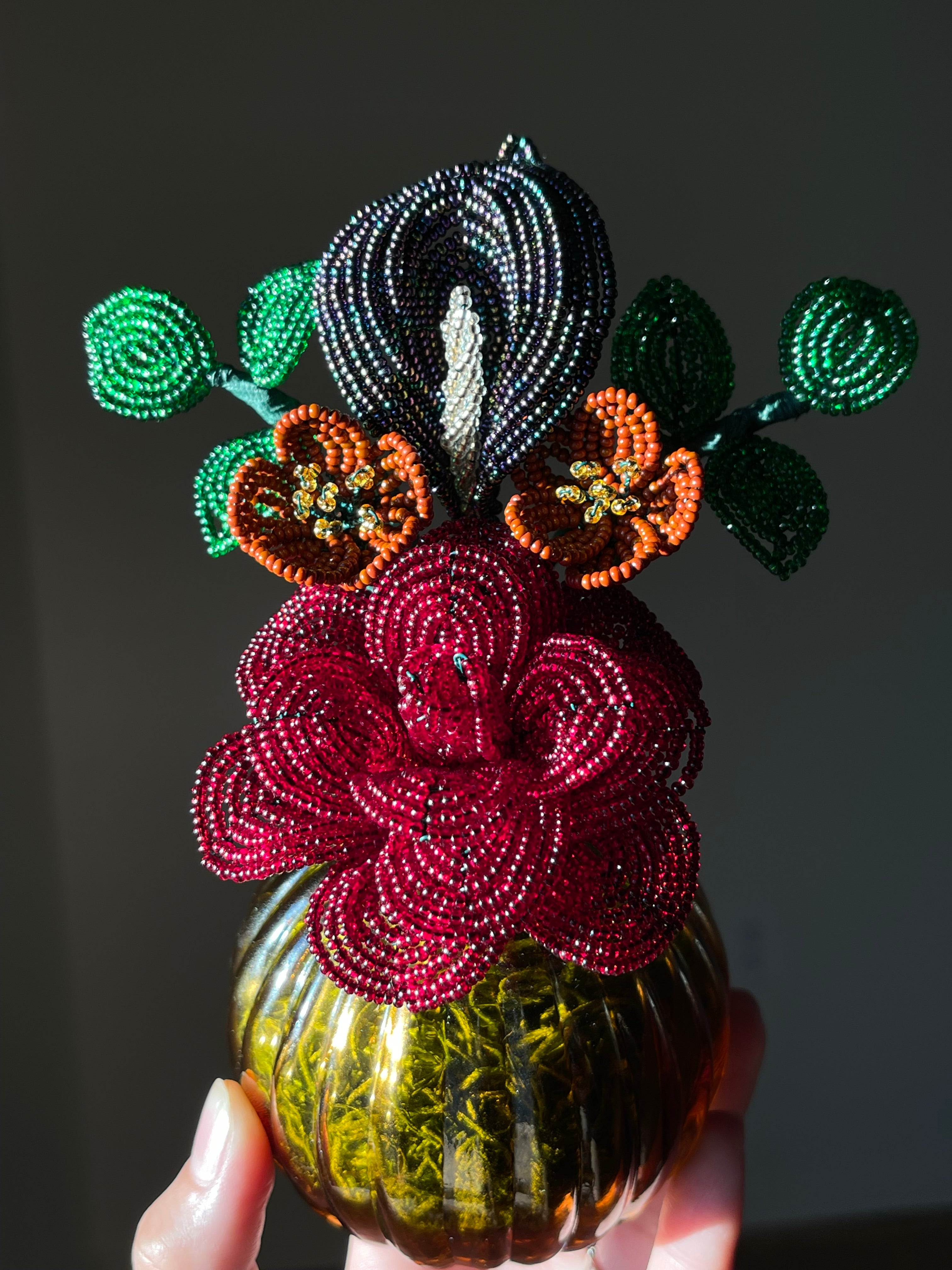 Beaded Bouquet - Red Rose, Purple Calla Lily, Brown Wildflowers, Greenery