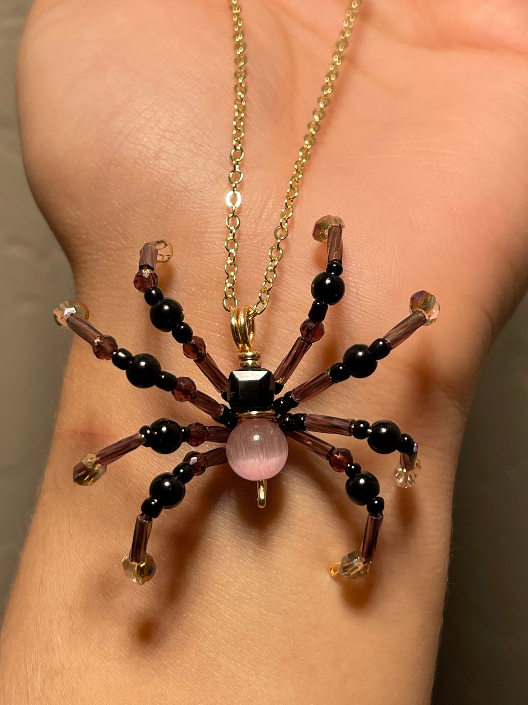 Pink Cats Eye- Beaded Spider Necklace 🕷️