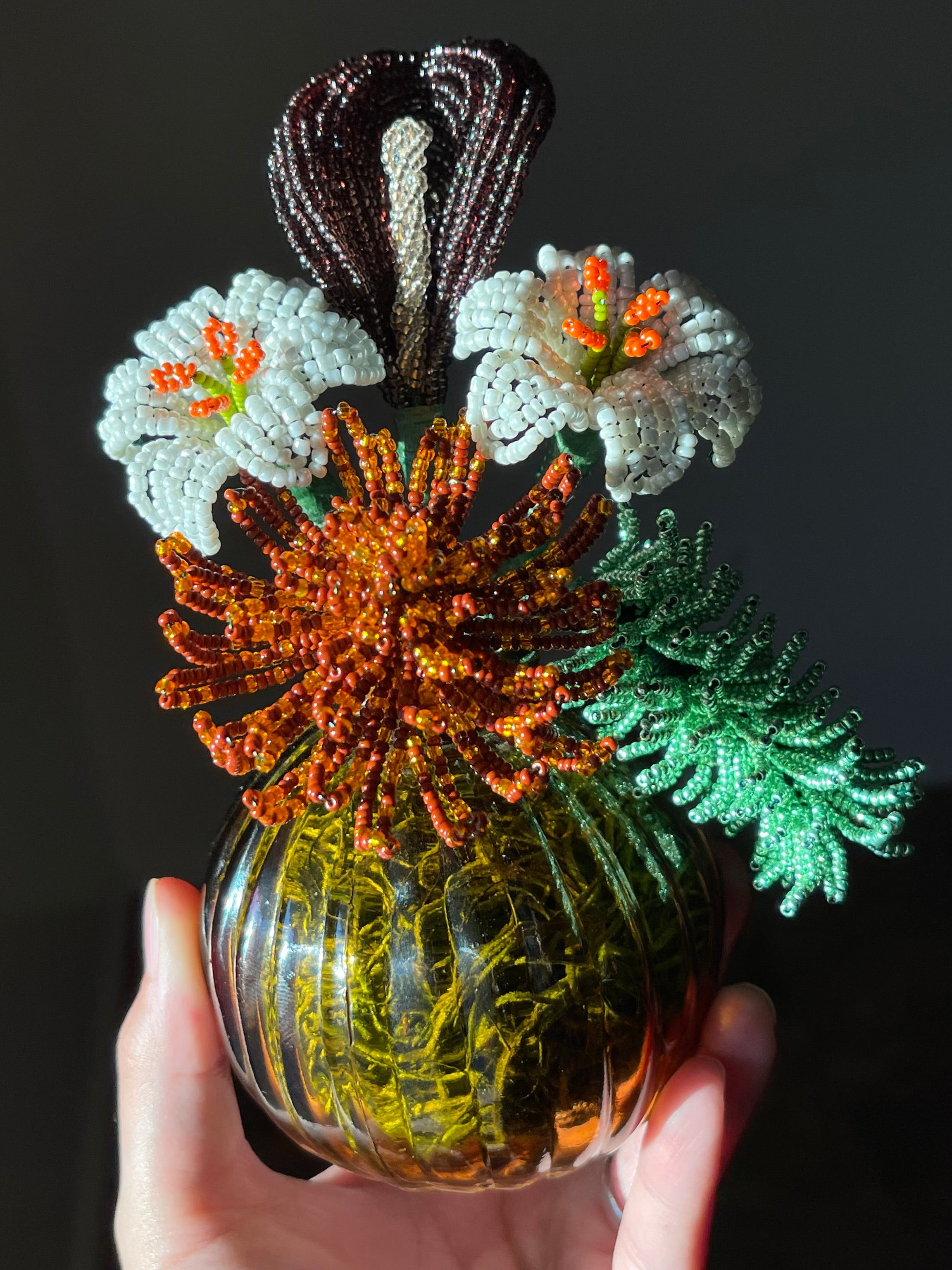 Beaded Bouquet - Purple Calla Lily, White Lilies, Orange/Brown Spider Chrysanthemum, Green Amaranthus