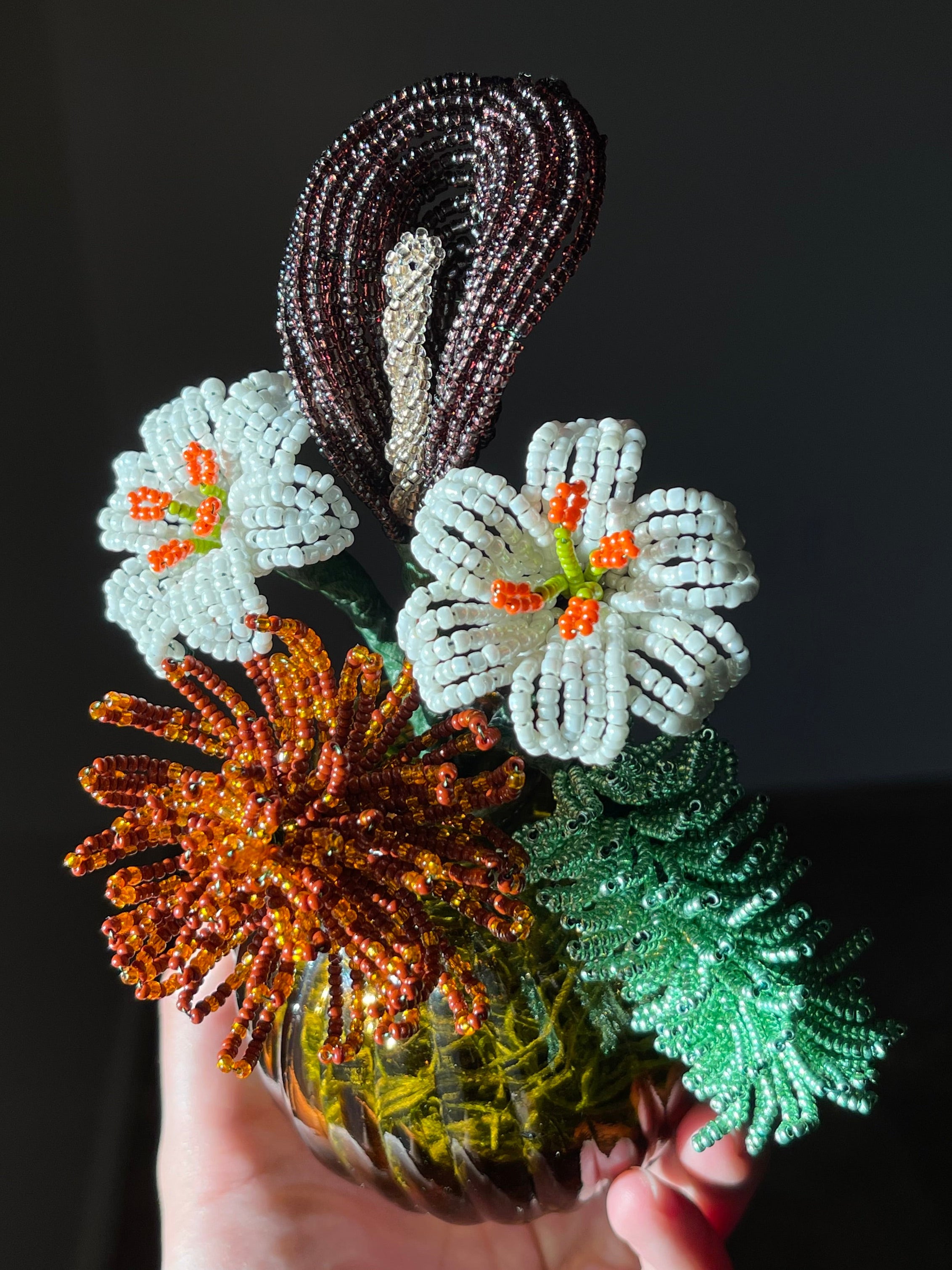 Beaded Bouquet - Purple Calla Lily, White Lilies, Orange/Brown Spider Chrysanthemum, Green Amaranthus